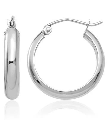 14K Solid White Gold Round Medium Hoop Earrings - Image 1 of 4