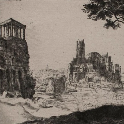 Ruinenlandschaft Surrealismus Antike Architektur Tempel sign Radierung um 1900 - Bild 1 von 3