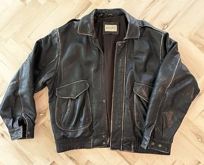 Chaqueta de cuero de colección para hombre St Johns Bay Bomber Moto Flight XL 90s negra marrón Y2K Foto 1 de 4