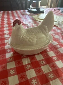 Vtg White Milk Glass Hen On Nest Covered Dish 7.5" butter sugar Candy Dish 1900s - Picture 1 of 2