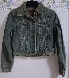 True Religion Small Blue Denim Distressed Thrashed Boho Biker Outdoor Trucker - Picture 1 of 8