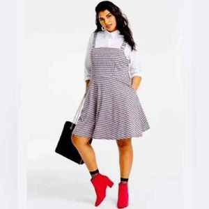 Simply Be Women's Pink Buckle Strap Check Pinafore Dress - Picture 1 of 3