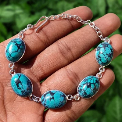 Gorgeous Blue Turquoise Gemstone 1PCS Bracelet 925 Silver Plated Fashion Jewelry - Image 1 of 4