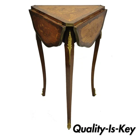 French Louis XV Satinwood Inlay Triple Drop Leaf Side Table with Bronze Ormolu Cover
