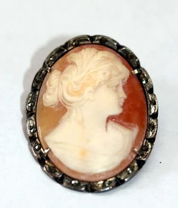 PRETTIEST ANTIQUE CAMEO & MARCASITE 800 SILVER GERMAN BROOCH PENDANT COMBO - Picture 1 of 20