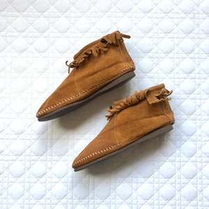 Hippie Boho Suede Mocassin Brown Fringe Suede Zip Back Shoes Sz 7 Laurel Canyon - Picture 1 of 5