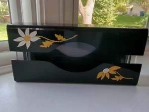 Vintage Black Floral Tole Hand Painted Acrylic Wall Hang Tissue Box Holder  - Picture 1 of 9