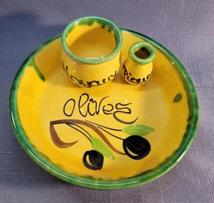 Vintage Italian Hand Painted Painted 3 Part Ceramic Olive Bowl Serving Dish - Picture 1 of 5