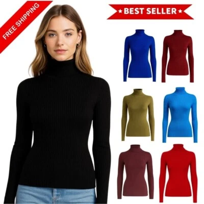 Ladies Long Sleeve Polo Ribbed Turtle Neck Jumper for Womens Soft Stretchy Top - Image 1 of 2