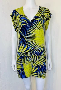 Guess by Marciano Blue Neon Palm Floral Silk Cap Slv Shorts Romper Size 6 EUC - Picture 1 of 15