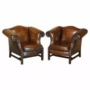 PART OF LARGE SUITE THIS LOVELY PAIR OF HAND DYED BROWN LEATHER CLUB ARMCHAIRS - Picture 1 of 12