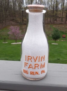 Vintage Irvin Farm Dairy Orange Paint Pint Milk Bottle Big Run Pa Excellent - Picture 1 of 7