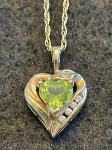 14k Yellow 20” Gold Chain Necklace w/ 10K Gold Heart Pendant Peridot Diamond - Picture 1 of 11