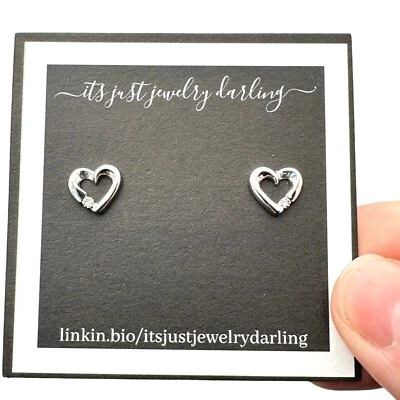 10K White Gold Womens Earrings Diamond Heart Pierced Studs Gift Idea for Her - Image 1 of 4