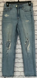 AEROPOSTALE Junior's Jeans Mom Jeans Ripped Size 000 Blue Tattered Pockets EUC - Picture 1 of 8