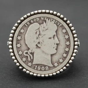 US 1908 Barber Quarter 90% Silver Coin 925 Sterling Signet Silver Ring NEW - Picture 1 of 12