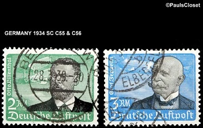 GERMANY 1934 SC C55-C56 OTTO LILIENTHAL & COUNT VON ZEPPELIN 2m & 3m UNG F/VF - Image 1 of 2
