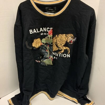 ZARA SWEATER MEN'S LARGE BLACK PULL OVER EMBRODERED Tiger / Cheeta 40451 - Image 1 of 4