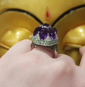 Gorgeous Stunning Violet Purple Amethyst, Green Emerald & White CZ Princess Ring - Picture 1 of 8