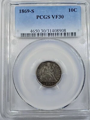 1869 S Seated Liberty Dime PCGS VF30  - Image 1 of 4