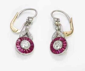 Art Deco Style Lab Created Halo Red Ruby 14K White Gold Plated Dangle Earrings - Picture 1 of 8