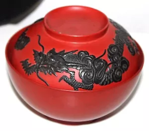 Carved Lacquer Wood Cinnabar DRAGON Rice Bowl with Cover - Picture 1 of 2