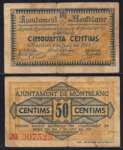 España Montblanc / 50 centimos/ 8 de junio del 1937 MBC/VF Billetes Locale - Picture 1 of 1