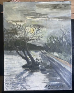 ::WINTER 1943 DÜSTERER BAUM WINTERSONNE STRASSE SIGNIERT UNLESERLICH ANTIK WALD - Picture 1 of 7
