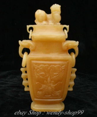 Jarrón botella anillo oreja dragón león talla jade amarillo natural chino de 13" Foto 1 de 4