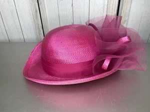 Vintage Deborah New York Hot Pink Straw Hat Kentucky Derby Sequin Huge Bow - Picture 1 of 6