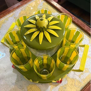 Vintage Barware Set w Caddy Enamel Metal Lid Lotus Flower Blossom Danish Mod MCM - Picture 1 of 6