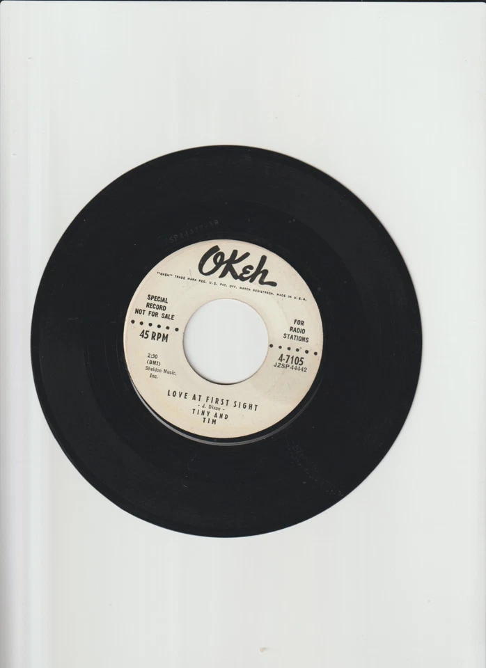 "Love At First Sight" b/w "Bop-A-Diddy Do"  Tiny and Tim on Okeh (DJ)-Excellent - Image 1 of 1