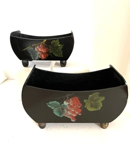 2 Wooden Hand Painted Footed Plant Holders 9" x 5" x 6" & 8" x 4" x 4" Grapes - Picture 1 of 7