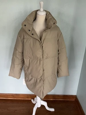 ASOS Khaki Ruched Puffer Sleeve Winter Coat Jacket Trench Cabincore Collar Sz 4 - Image 1 of 4