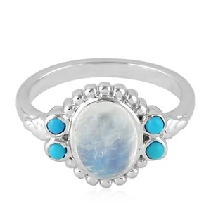2.43ct Moonstone Turquoise Cocktail Oval Ring 925 Sterling Silver - Picture 1 of 6
