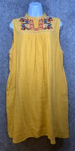 Jodifl Womens Large Tank Dress Cotton Lines Embroidered Yoke Yellow Boho Crochet - Picture 1 of 13