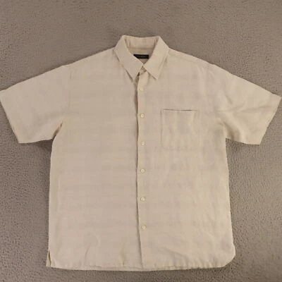 Hopsack Shirt Mens M Beige Self Check Linen Cotton Button Up Short Sleeve - Image 1 of 4