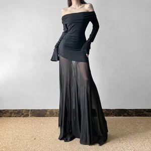 Damen-Kleid durchsichtig Netz Patchwork langarm plissiert Bodycon Bandeau - Bild 1 von 12