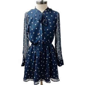 LUCCA COUTURE Womens Polka Dot Fit Flare Dress SZ XS Navy Bow Neck Long Sleeve - Picture 1 of 11