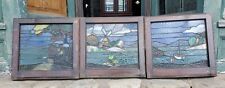THREE PART SCENIC LANDSCAPE STAINED GLASS WINDOW SET