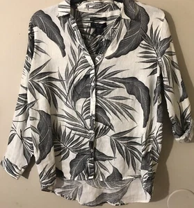 Tahari 100% Linen Button Shirt Tunic Roll Up Sleeve Top Tropical Leaf Sz L NWT - Picture 1 of 7