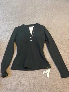 OGL Dark Green Brami Top Long Sleeve Stretch Buttoned Henley Style size X-Small - Picture 1 of 3