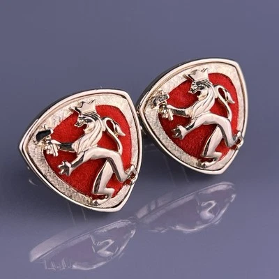 Red Rampant Lion Cufflinks Gold Tone Axe Crown Coat of Arms Velvet Swank Vintage - Image 1 of 4