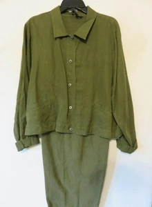 Eileen Fisher Green Pant Suit XL Button Jacket and Pants Linen Blend Relaxed Fit - Picture 1 of 10