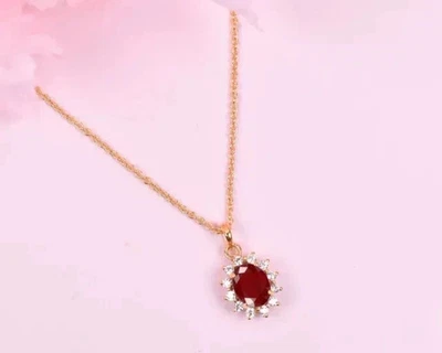 3Ct Oval Cut Lab Created Red Ruby Halo Women's Pendant 14k Yellow Gold Plated - Image 1 of 4