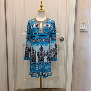 Tory Burch Tunika blau Langarm Perlen 100% Seide Größe L - Bild 1 von 8