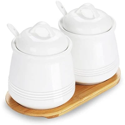 Pack de 2 azucareros de cerámica, tarro de porcelana con bandeja, cuchara y tapa para s Foto 1 de 4