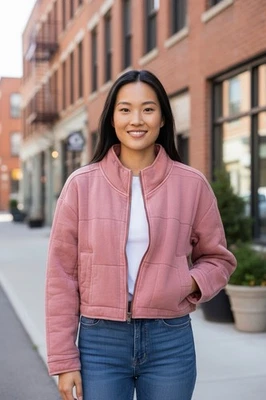 Cali 1850 Pink Zip Up Cropped Boxed Quilted Puffy Jacket  Size Small Rust Rosy - Image 1 of 4