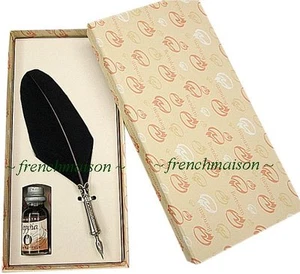 Bortoletti Fine FEATHER QUILL PEN + INK Black Writer Gift Box HANDMADE ITALIAN - Picture 1 of 4