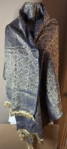 Vintage Large Long Scarf Blue & Gold Embroidered Paisley 72” X 27” Shawl Fringe - Picture 1 of 9